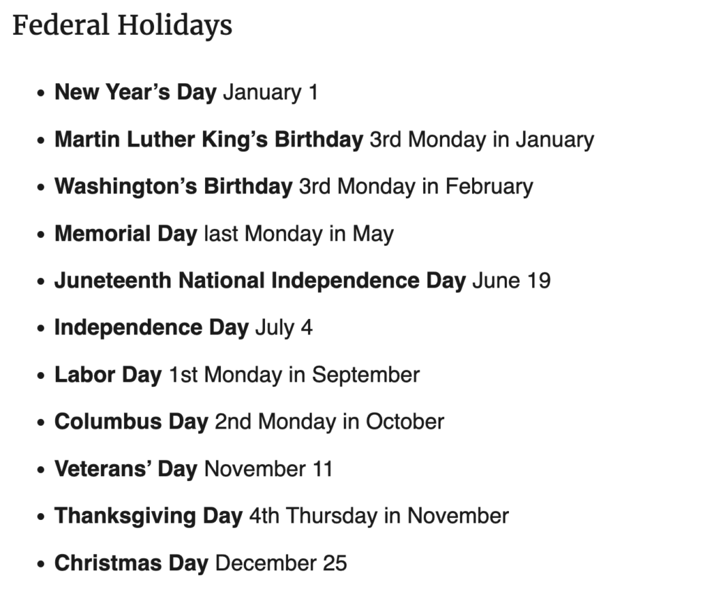 Federal Holidays