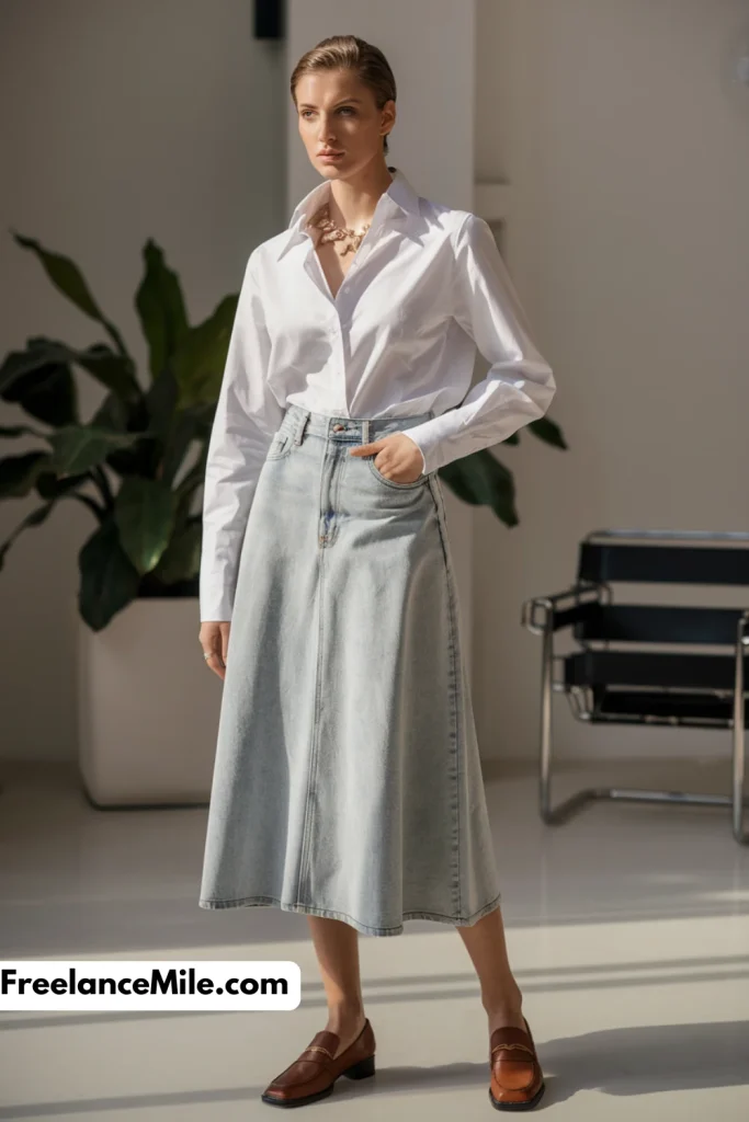 White Shirt + Denim Skirt White Shirt + Denim Skirt