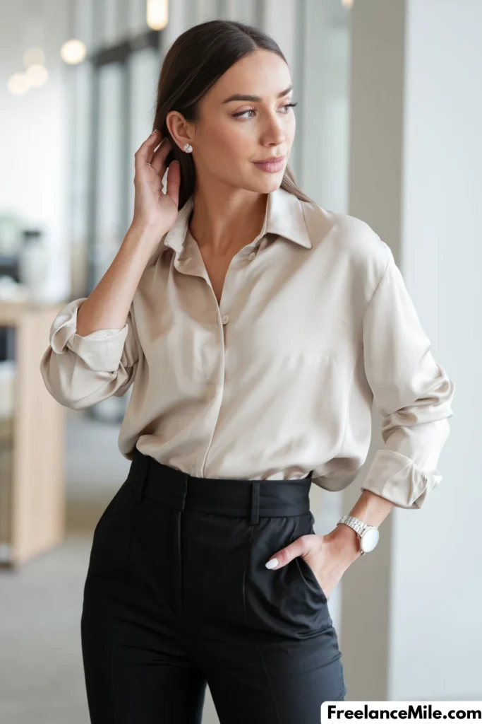 Silk Shirt + High-Waisted Trousers Silk Shirt + High-Waisted Trousers