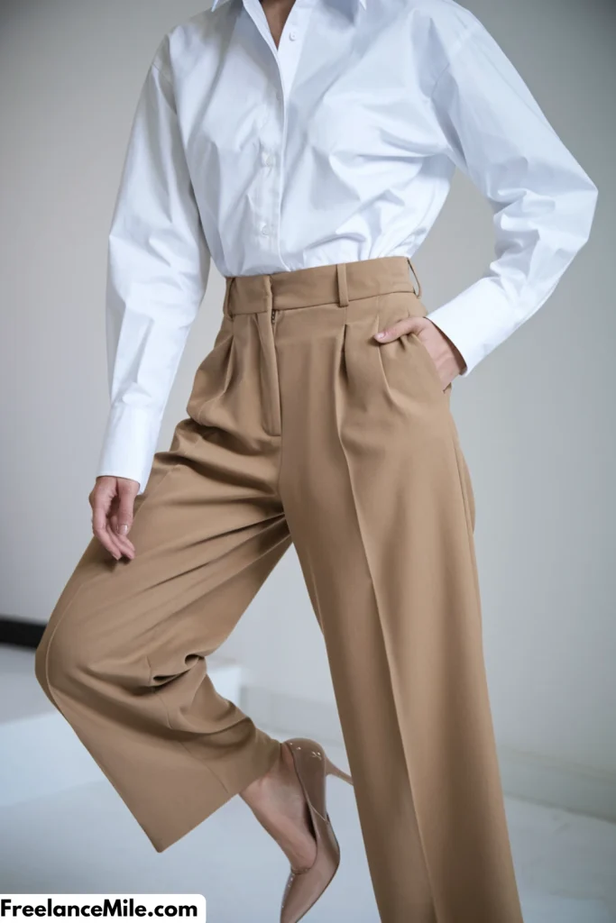 White Shirt + Camel Trousers White Shirt + Camel Trousers