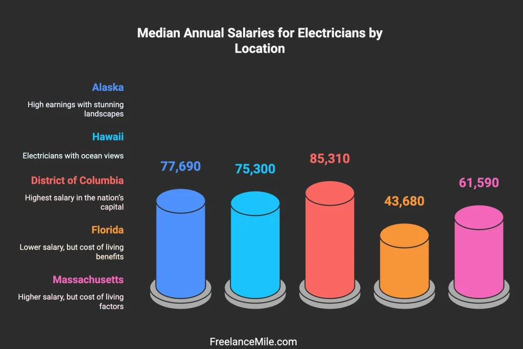 Median Annual Salaries for Electricians by Location Median Annual Salaries for Electricians by Location