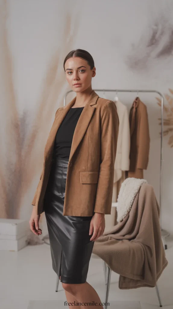 Faux-Suede Blazer + Leather Pencil Skirt Faux-Suede Blazer + Leather Pencil Skirt