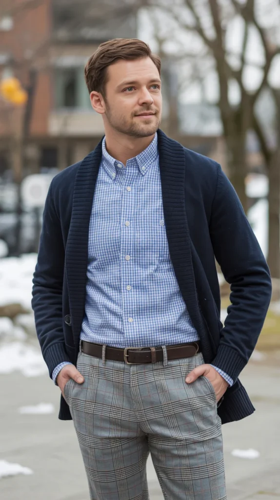 Shawl-Collar Cardigan + Oxford Shirt + Glen-Plaid Trousers Shawl-Collar Cardigan + Oxford Shirt + Glen-Plaid Trousers