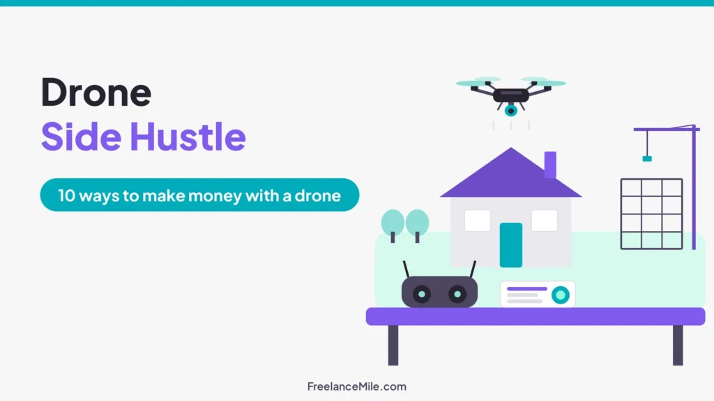 Illustration of a camera drone flying over a house and roof with a construction site and field behind it, beside the title Drone Side Hustle: 10 ways to make money with a drone
