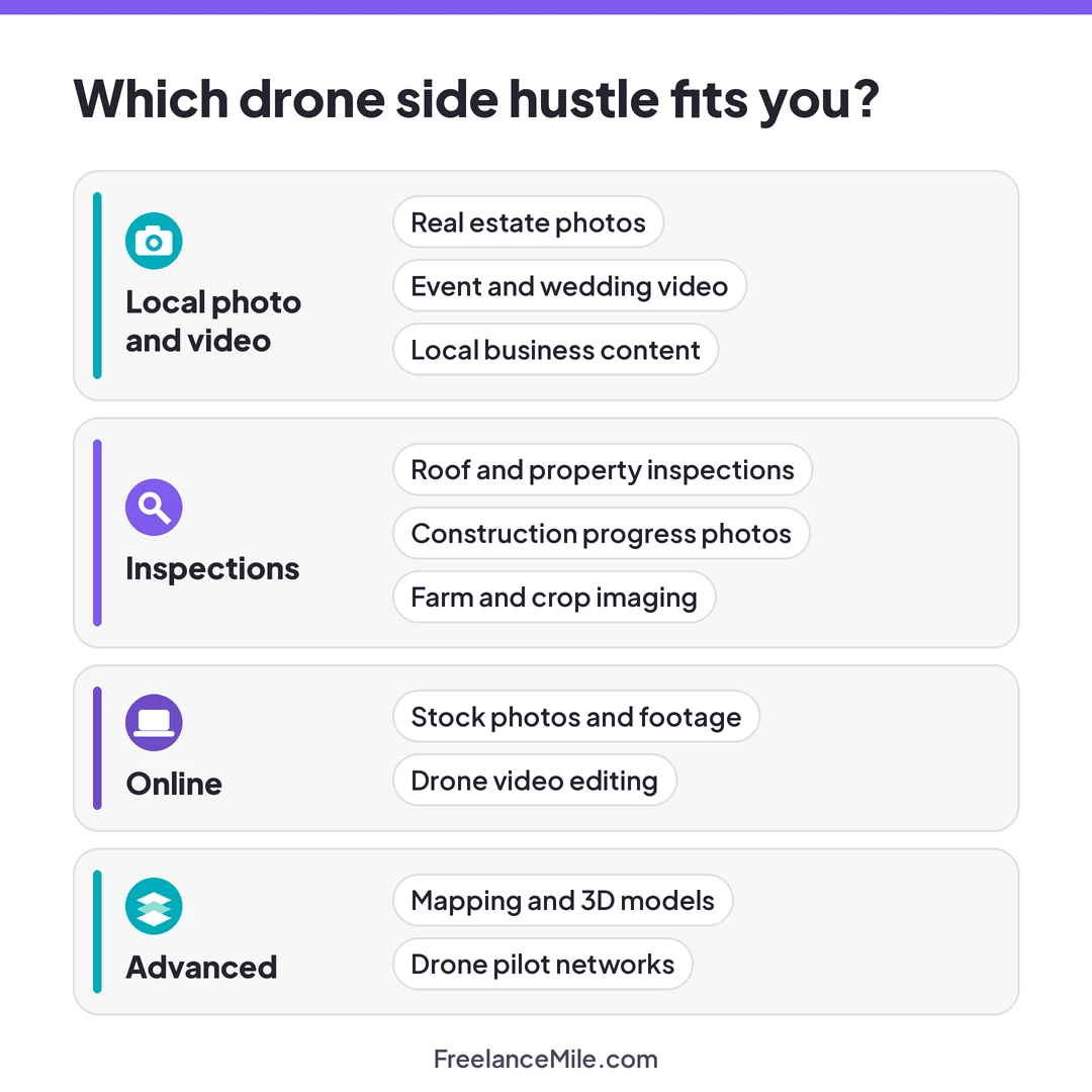 Ten drone side hustles grouped into four types: local photo and video, inspections, online, and advanced