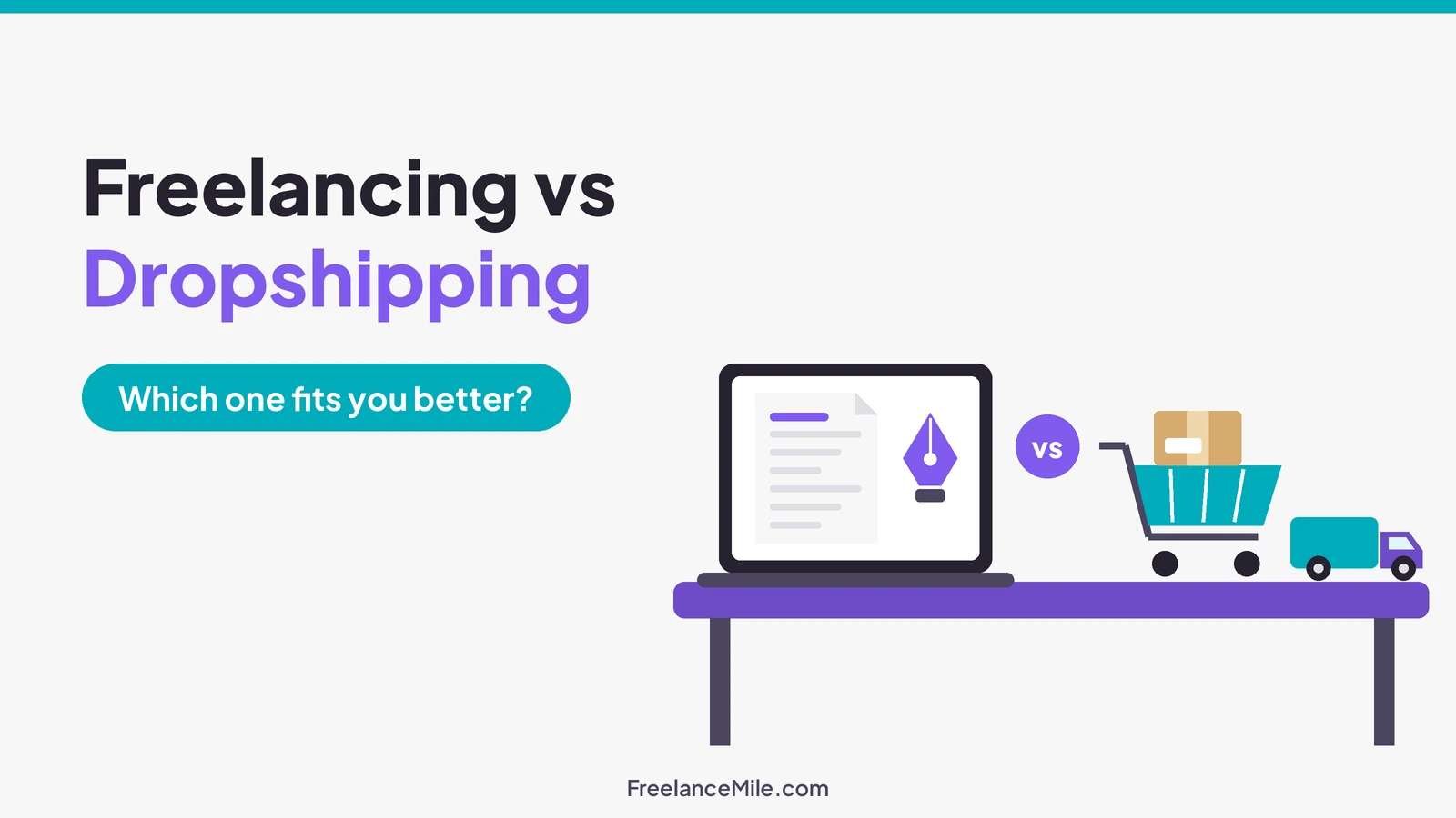 Split illustration of a laptop for freelance work and a shopping cart with a parcel for dropshipping, beside the title Freelancing vs Dropshipping: which one fits you better?