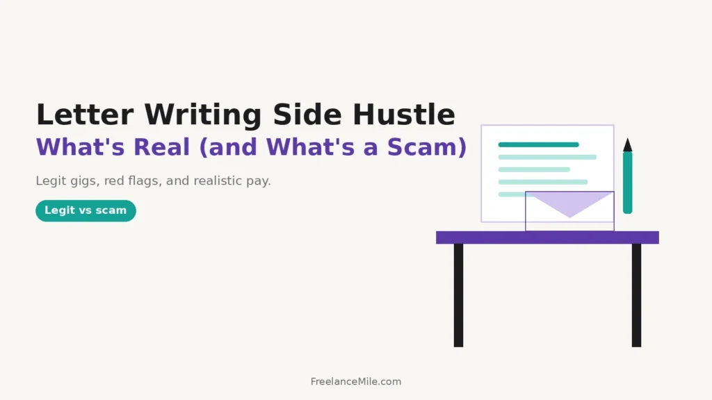 Flat illustration of a desk with a letter, envelope and pen beside the title Letter Writing Side Hustle What's Real and What's a Scam