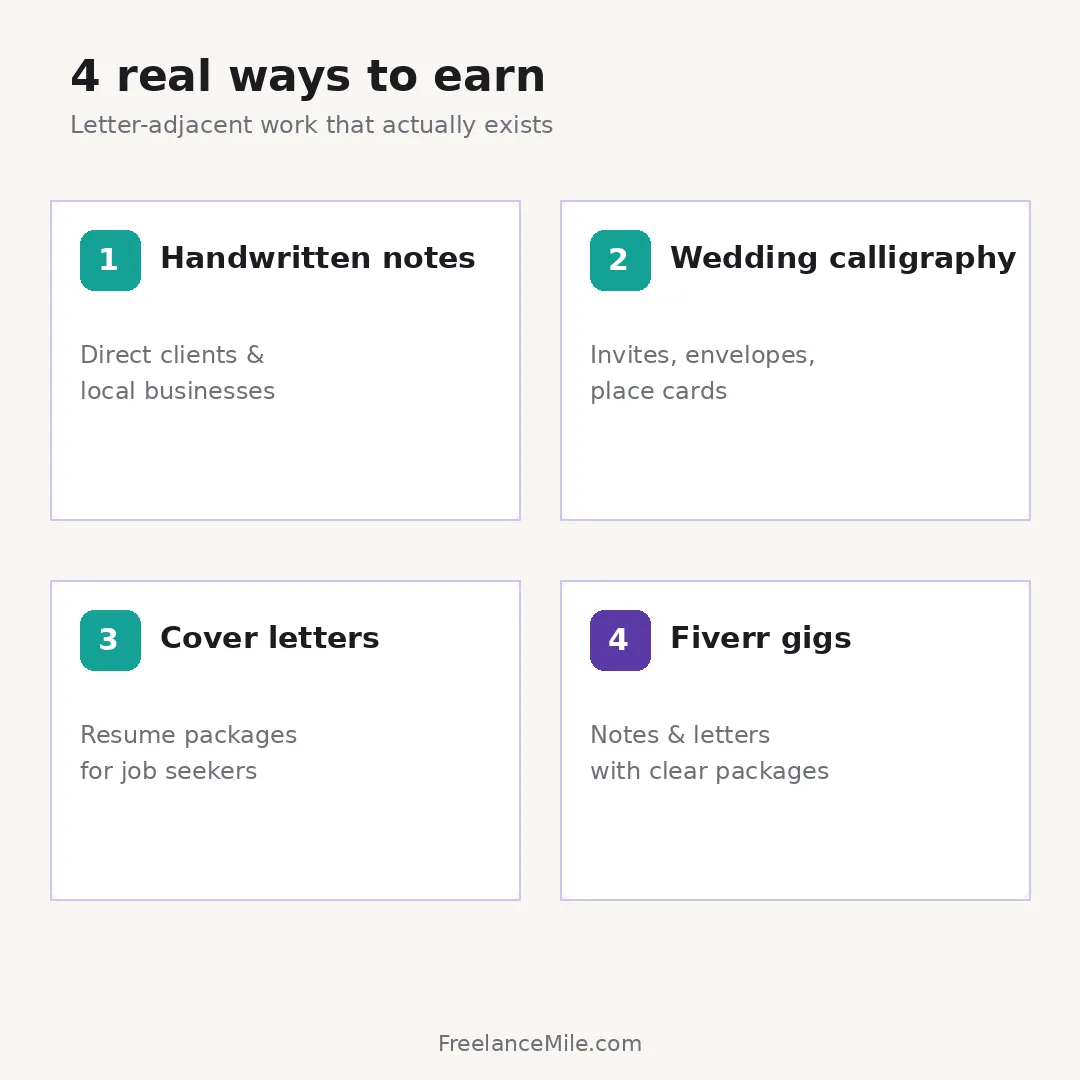 Four cards listing handwritten notes, wedding calligraphy, cover letters and Fiverr gigs
