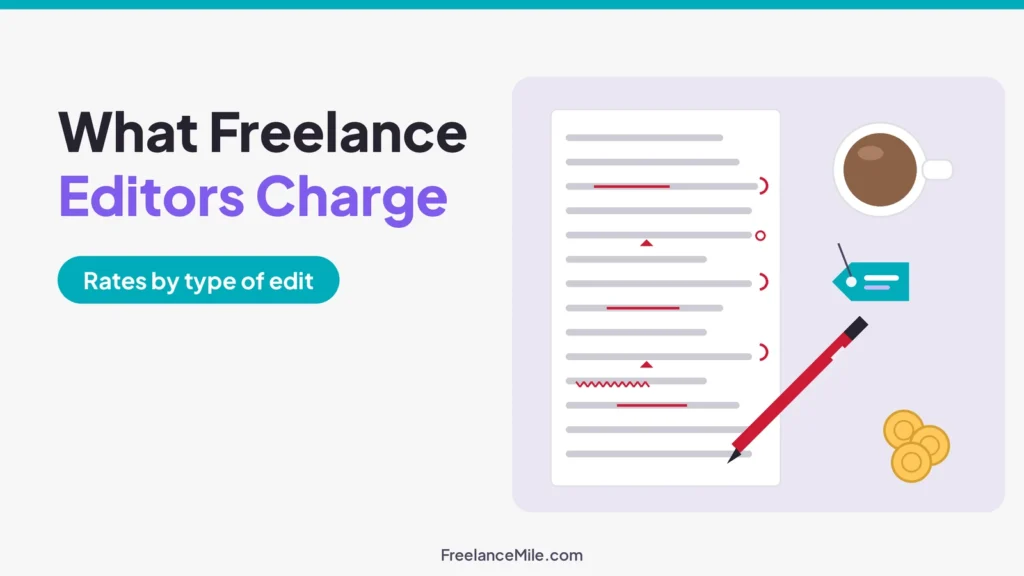 Illustration of a red pen marking up a manuscript page next to a coin stack and a price tag, beside the title What Freelance Editors Charge: rates by type of edit