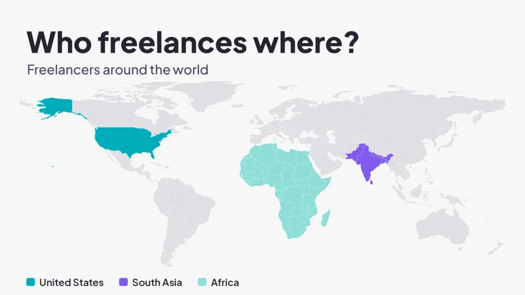 World map with the United States, South Asia and Africa highlighted under the title "Who freelances where?"