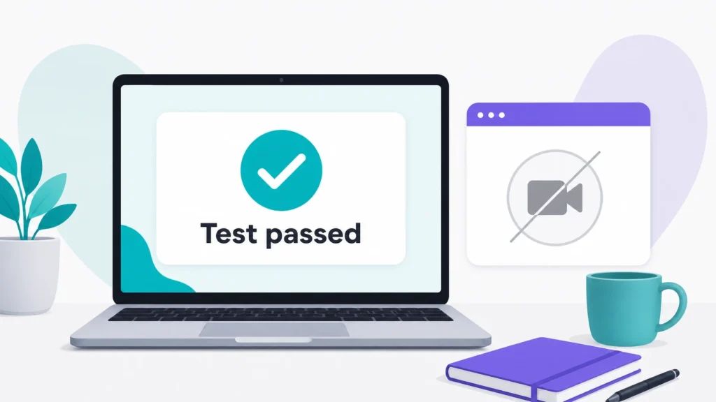 Laptop on a desk showing a passed skills test screen next to a closed video call window