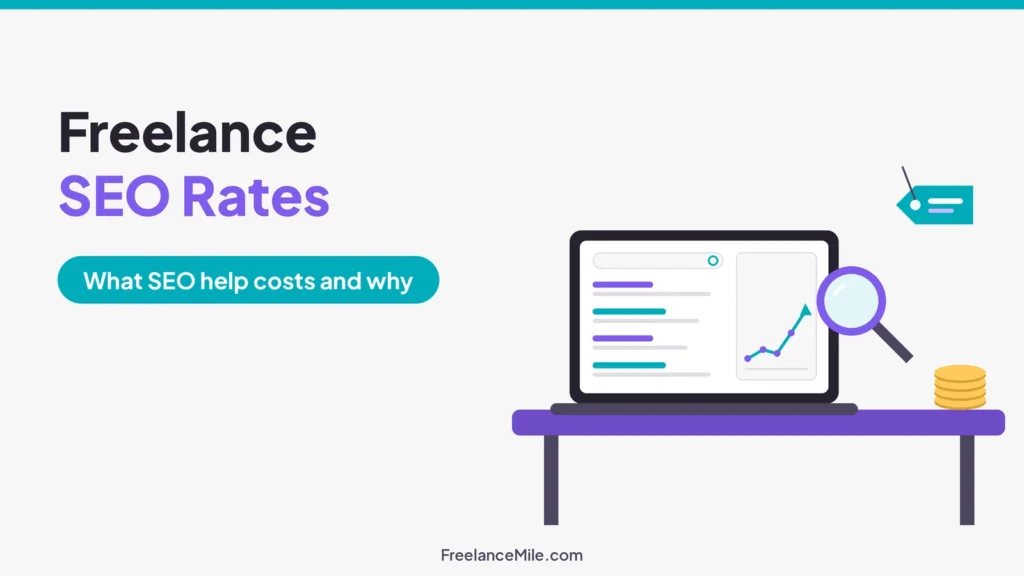 Illustration of a laptop with search results and a rising chart, a magnifying glass, a coin stack and a price tag, beside the title Freelance SEO Rates: what SEO help costs and why