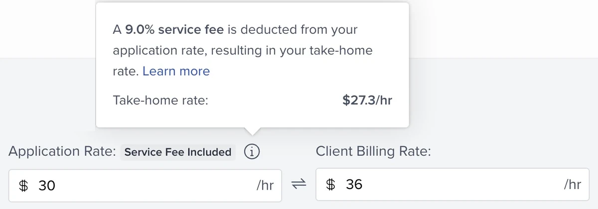 Toptal Marketplace rate screen showing 9% service fee: $30/hr application rate, $27.30/hr take-home, $36/hr client billing rate