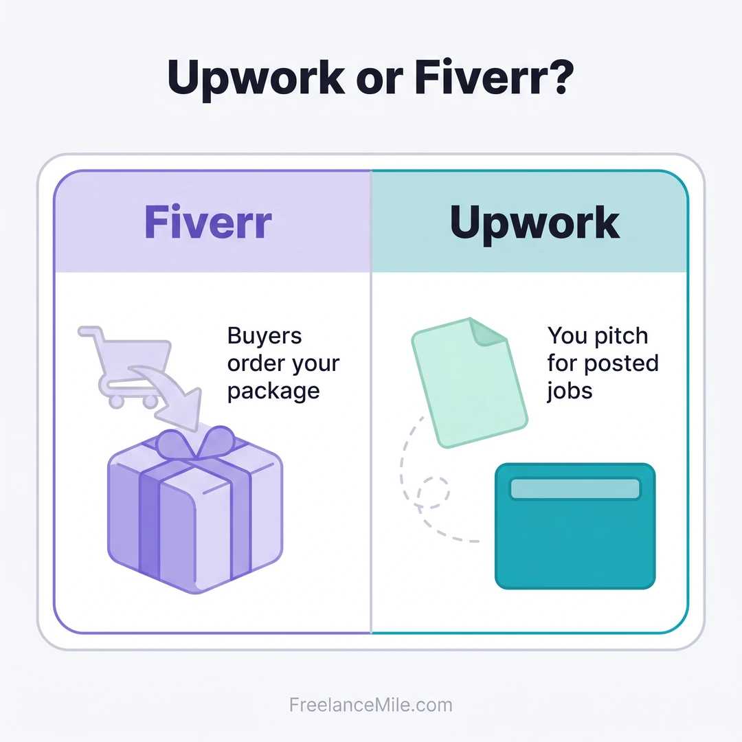 Comparison card titled Upwork or Fiverr: on Fiverr buyers order your package, on Upwork you pitch for posted jobs