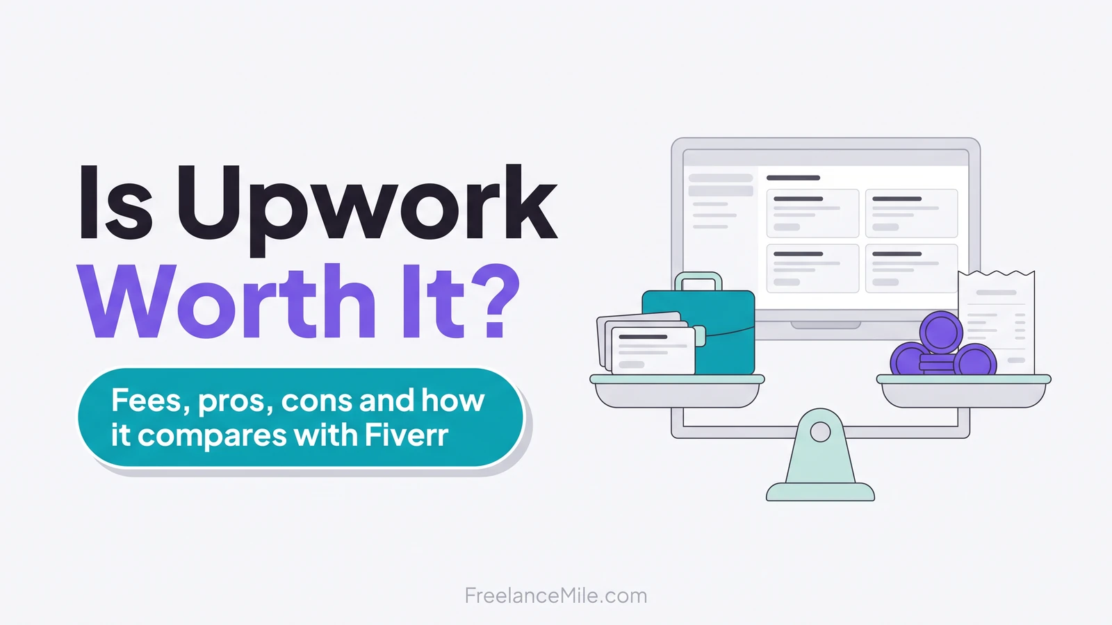 Illustration of a scale weighing freelance jobs against fees and credits, beside the title Is Upwork Worth It?
