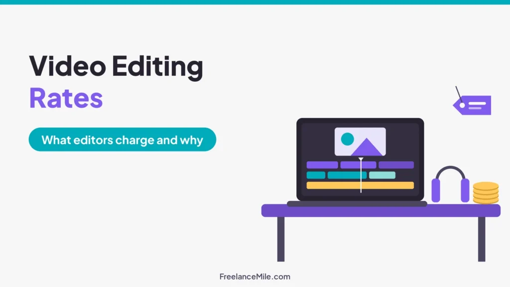 Illustration of a laptop with a video editing timeline, headphones, a coin stack and a price tag, beside the title Video Editing Rates: what editors charge and why